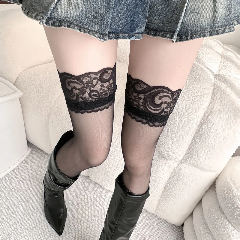 Tights Pantyhose Sheer - Koronkowe pończochy damskie z paskiem, kwiatowe